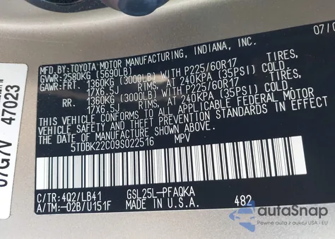 2009 Toyota Sienna Xle/Xle Limited from USA, damaged, VIN 5TDBK22C09S022516